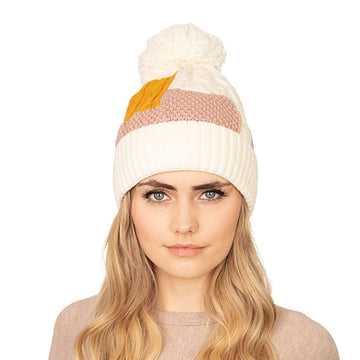 Color Block Pom Pom Beanie - Ivory